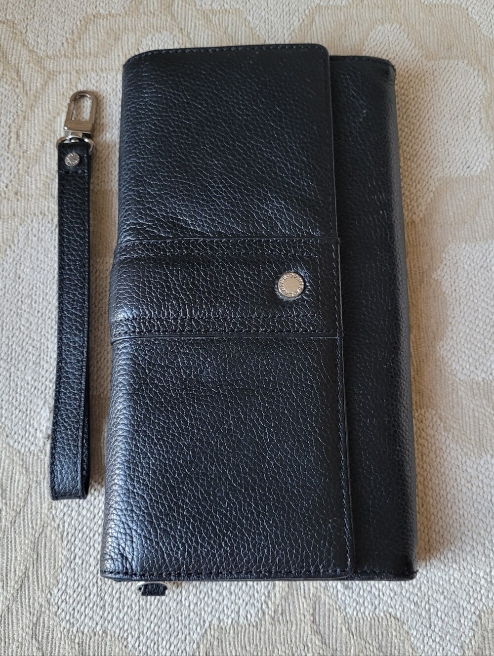 DANIER GENUINE LEATHER WALLET CLUTCH WITH STRAP BLACK SILVER HARDWARE